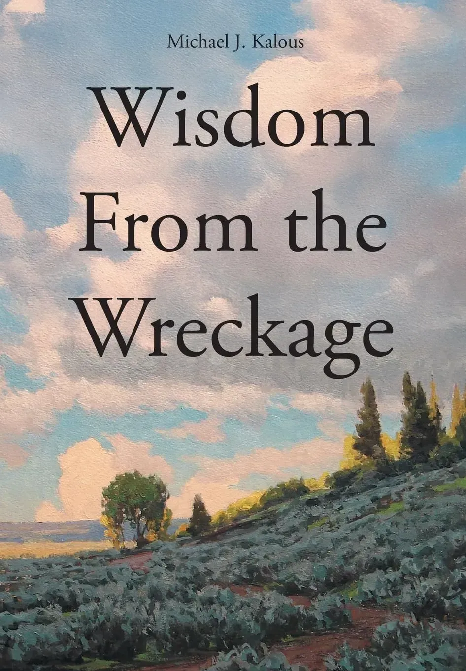 Cover of Wisdom From the Wreckage by Michael J. Kalous: a painted sagebrush hillside under a wide cloudy sky